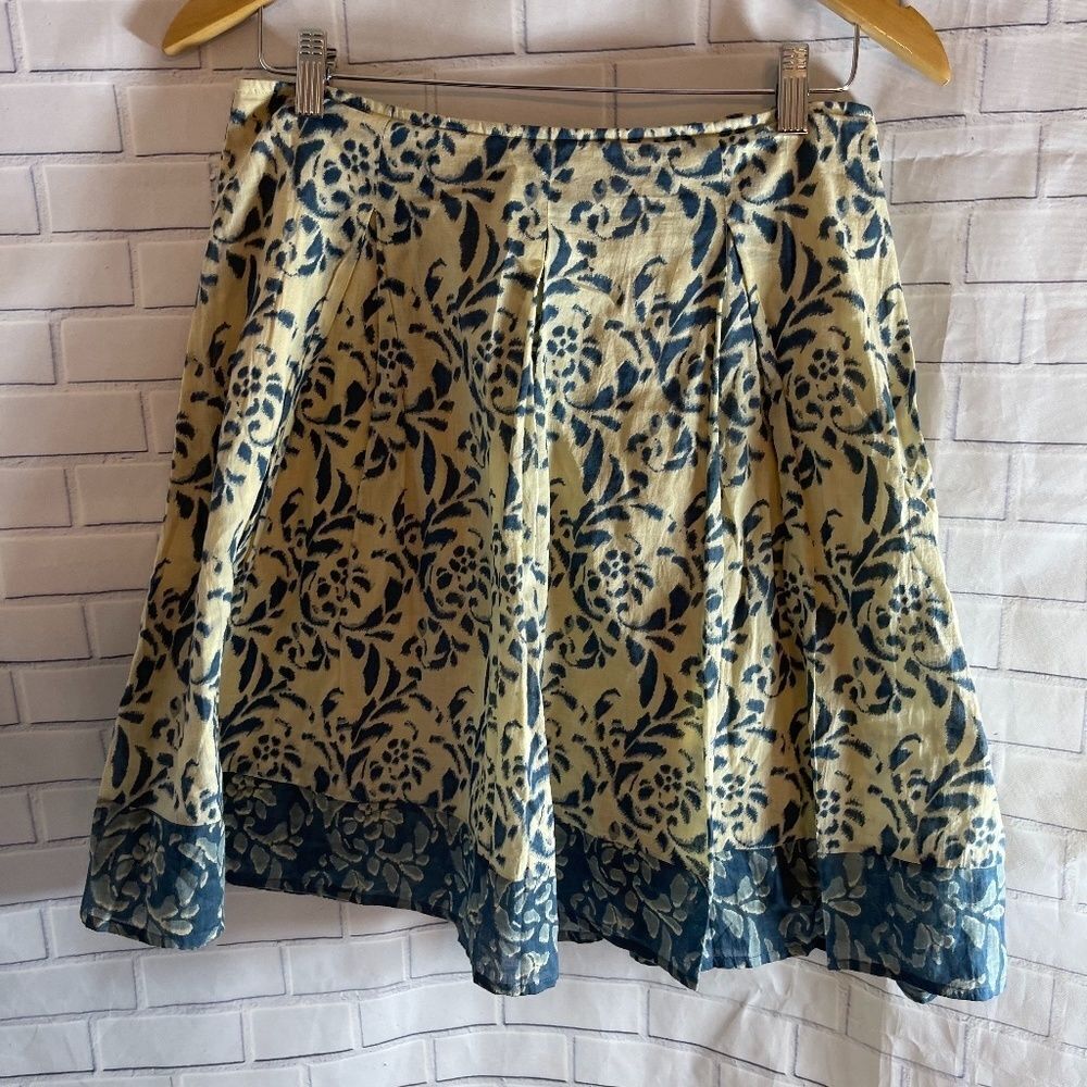 Anthro Odille Pleated Cream/Blue Mini Skir…